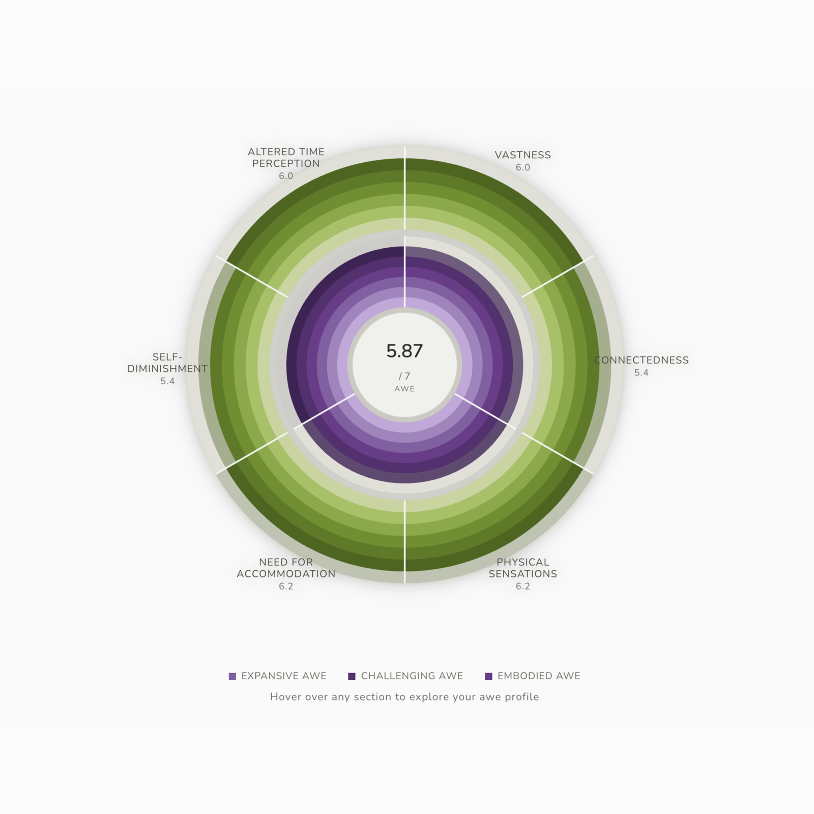 The Zamin Awe Diagram — a circular visualization of the six AWE-S dimensions and three meta-clusters